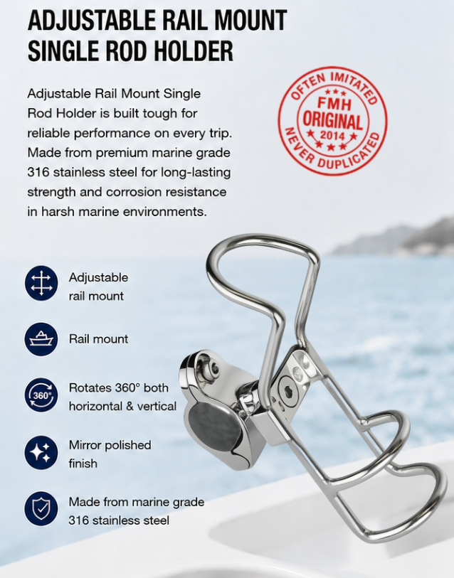 Frank Marine Stainless Steel Adjustable Rail Mount Rod Holder