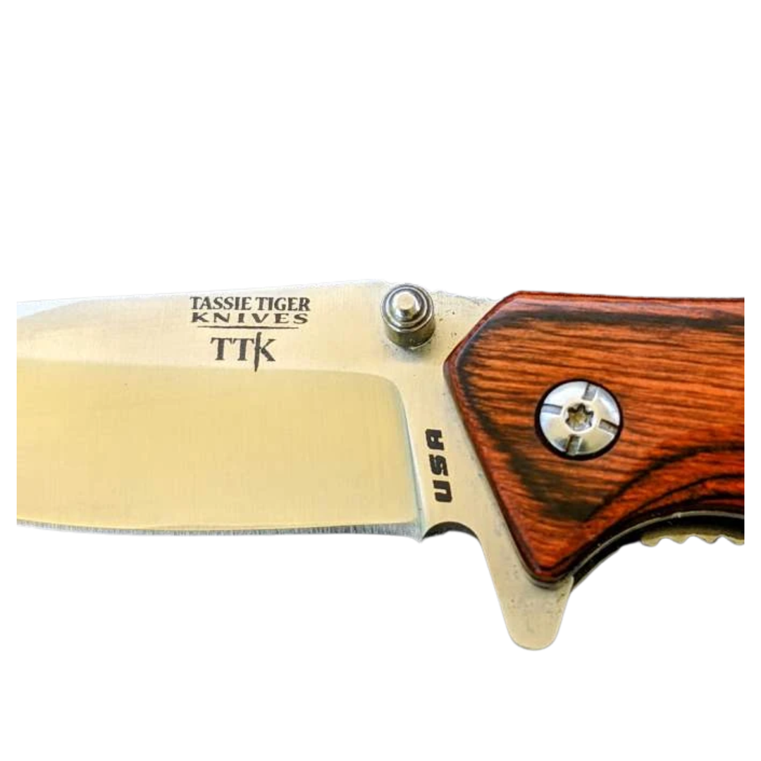 Tassie Tiger USA Made Wood Handle EDC Folder with Pocket Clip