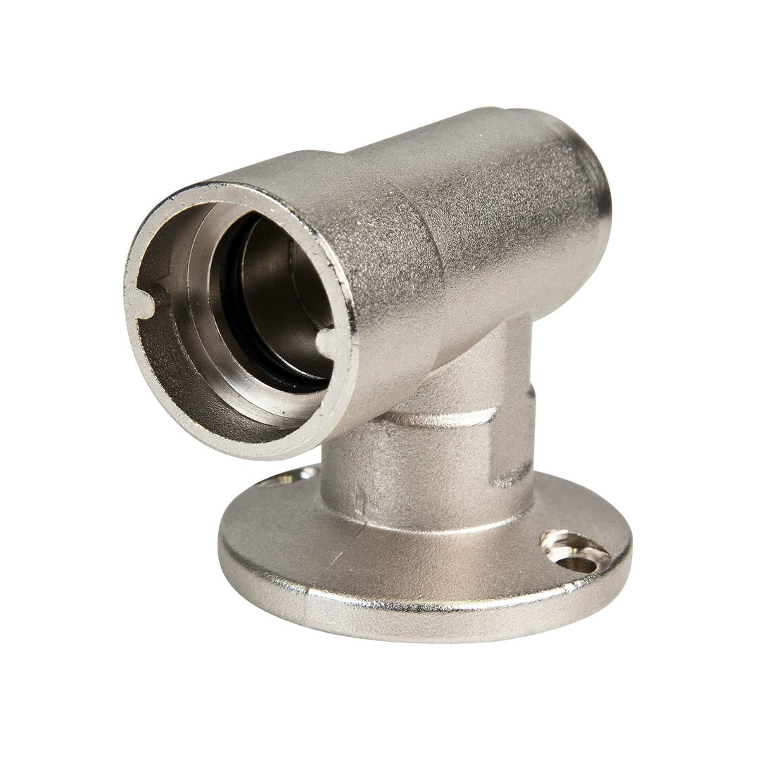 Stainless steel bayonet mounted fitting with female threading, typically used for gas connections in vehicles such as caravans or camper trailers.