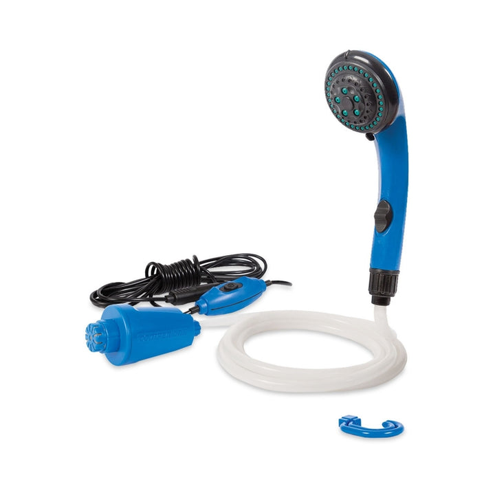 A high-volume blue and white portable camp shower with a detachable shower head and a hand-held shower hose.
