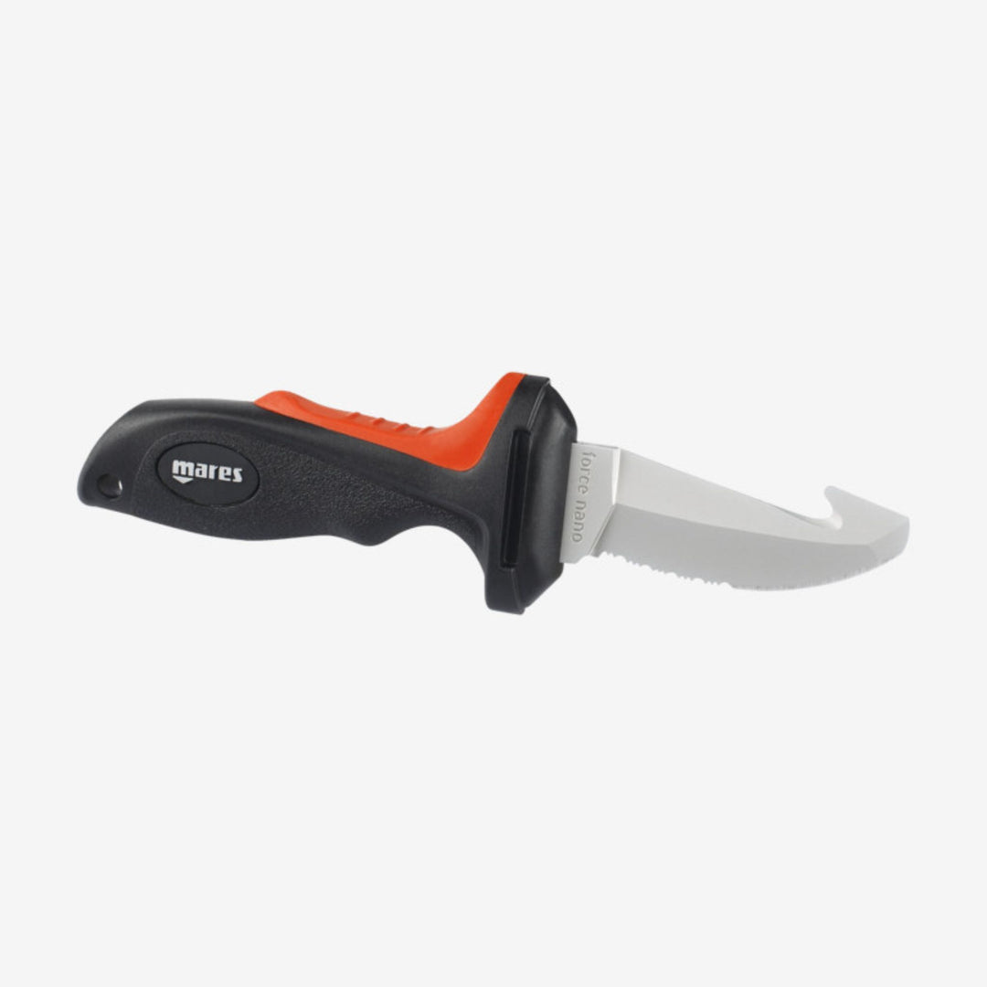 A Mares branded knife with an orange and black handle and a metallic blade, designed for diving purposes.