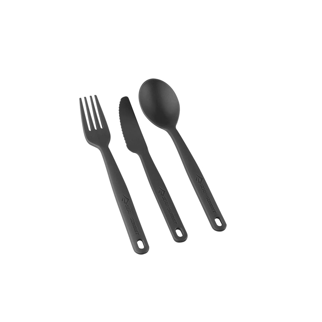 A three-piece camp cutlery set consisting of a fork, knife, and spoon, all in black and made of polypropylene with a custom aluminium carabiner.