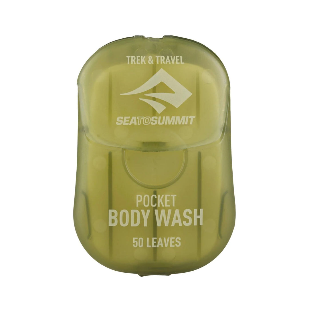 A clear plastic container labeled 'Sea To Summit Pocket Body Wash 50 leaves' containing green soap leaves.